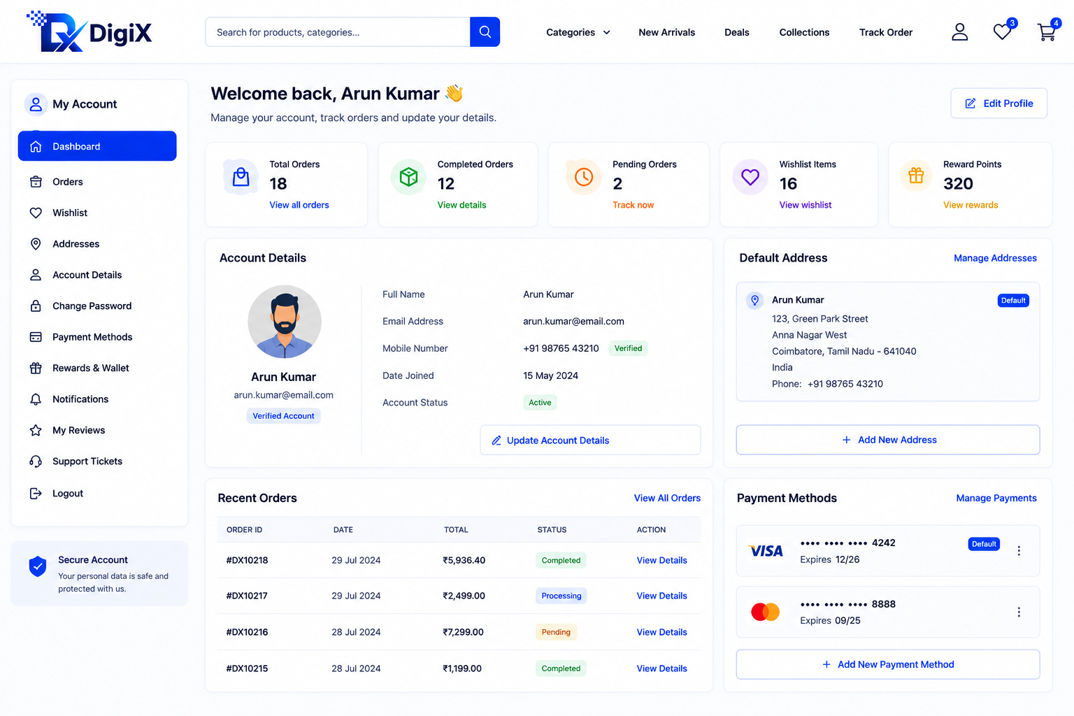 Customer ecommerce account