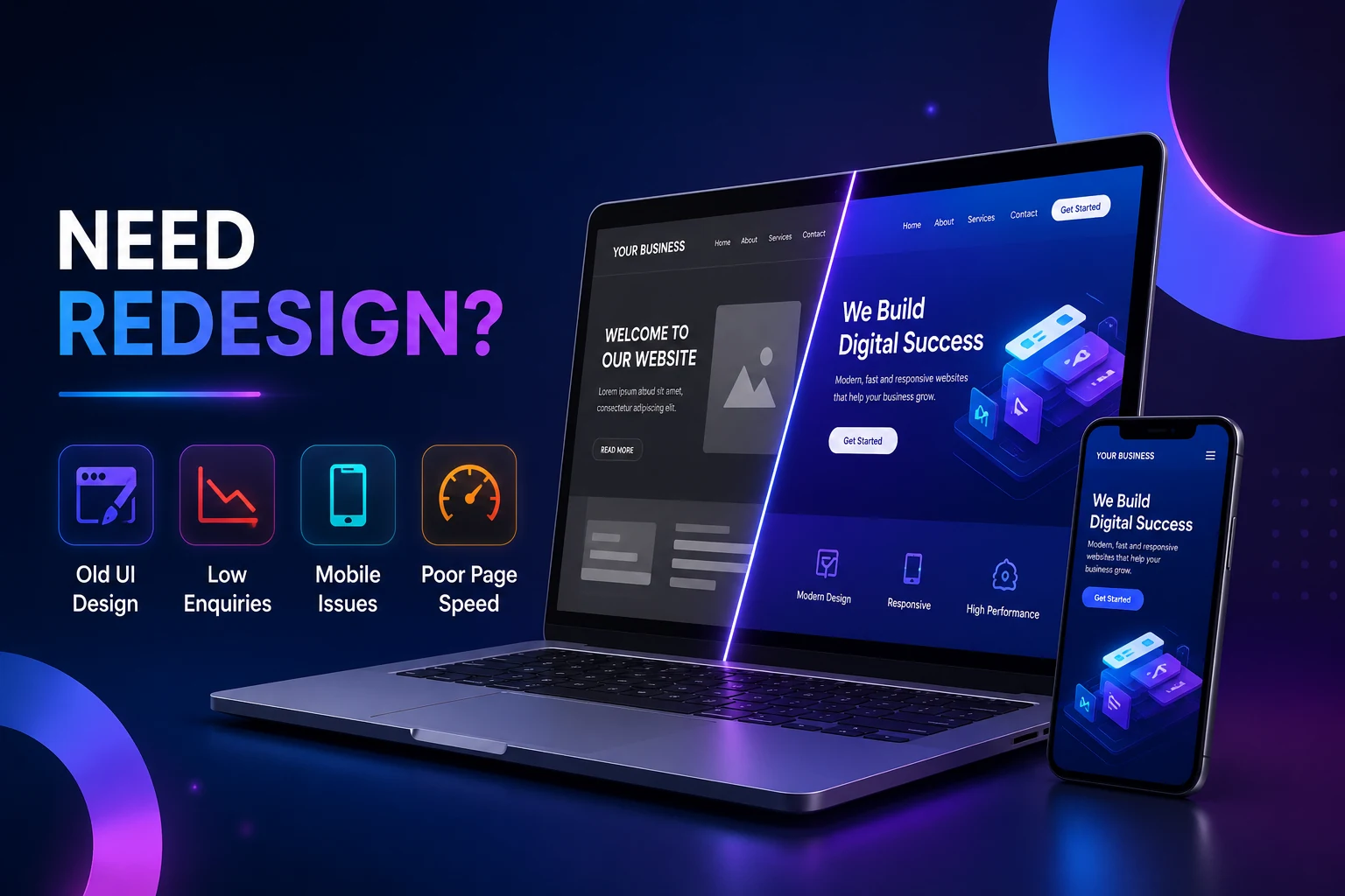 Website redesign before and after banner by DigiX Technologies